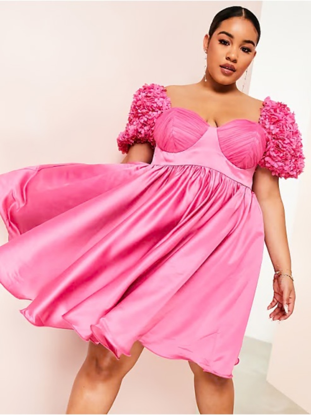 ASOS LUXE Curve 3D floral satin wired baby doll mini dress in pink
